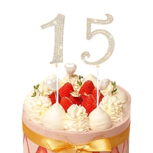 DOPENSPI 15 Zahl Deko Torte Geburtstag, Glänzend Strasssteine zum 15. Tortenaufsatz, 15. Geburtstag Mädchen Junge, Tortenaufsatz für Quinceanera, Party Zubehör, Jahrestag(Gold) von DOPENSPI