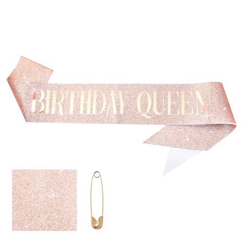 DOPENSPI Geburtstag Schärpe, Glitzernde Birthday Queen/Girl Schärpen, Glitzernde Roségoldene Geburtstagsschärpe mit Anstecknadel, Geburtstagsparty Zubehör für Frauen und Mädchen(Birthday Queen) von DOPENSPI
