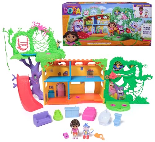 Dora, Explore & Play Regenwald Casita Spielset, Dora & Boots Figuren, Puppenhausmöbel, zweisprachige Sätze, Kinderspielzeug für Mädchen & Jungen ab 3 Jahren von DORA