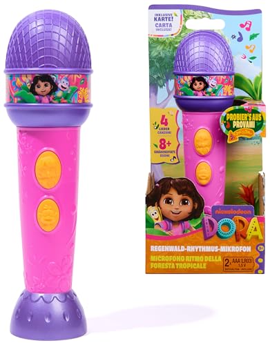 Dora Regenwald Musik Mikrofon ca. 22 cm mit 4 Liedern und 8 Sound-Effekten aus der beliebten TV-Serie, wahlweise auf Deutsch oder Italienisch einstellbar interaktiver Singspaß für Kinder ab 3 Jahren von DORA
