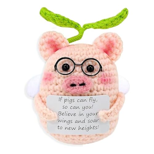 DOSERTY Einzigartige handgefertigte Schweinepuppe mit Karte, Schreibtischplatte, handgefertigte Strickpuppen, gestrickte Dekoration von DOSERTY