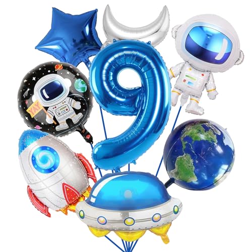 DOWNDRIFT Weltraum Astronaut Folienballon, 8 Stück Weltraum Luftballon Set, 9. Jungen astronauten geburtstag, Rakete Ballon Raumschiff Ballon für Kindergeburtstag Party Dekoration von DOWNDRIFT