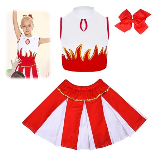DOWNDRIFT Cheerleader Kostüm Rot Kinder, Cheerleader Kostüme für Kinder, Cheerleading Kostüm Kinder mit Haarzubehör Kinder Cheerleading Outfit Karneval Kostüm für Mädchen-140 von DOWNDRIFT
