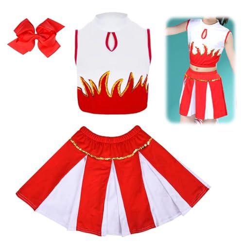 DOWNDRIFT Cheerleader Kostüm Rot Kinder, Cheerleader Kostüme für Kinder, Cheerleading Kostüm Kinder mit Haarzubehör Kinder Cheerleading Outfit Karneval Kostüm für Mädchen-150 von DOWNDRIFT