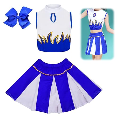 DOWNDRIFT Cheerleader Outfit Kinder,Cheerleader Kostüme für Kinder, Kinderkostüm Cheerleader blau Cheer Uniform Kinder Kostüm für Mädchen-150 von DOWNDRIFT