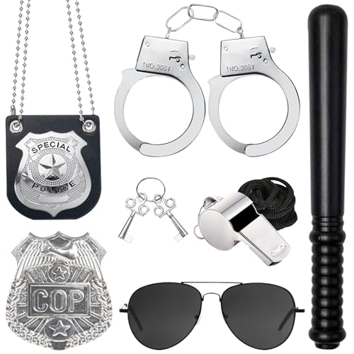 DOWNDRIFT Polizei Kostüm Zubehör,Polizei Zubehör Set,Handschellen Kinder Polizei,7 Stück Polizei Kostüm Accessoires,Kinder Polizei AusrüStung,Polizei Handschellen Polizeikostüm Damen Zubehör von DOWNDRIFT