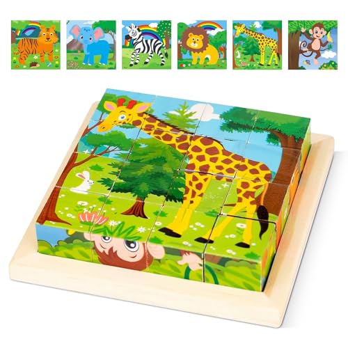 DOWNDRIFT Würfelpuzzle Holz, Würfelpuzzle, 3D Bilderwürfel Puzzlespiele 6 in 1 Tier-Motive Holzpuzzle Spielzeug für Kinder ab 1 2 3 4 Jahren, Lernspielzeug Holzspielzeug für Jungen und Mädchen von DOWNDRIFT