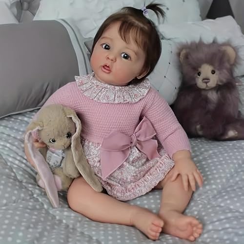 DOYSDJH Reborn Baby Mädchen 22 Zoll 55cm, Lebensecht Reborn Baby Vollsilikon Rosa Kleid Mit Spitzenkragen, Weiche Stoffpuppe Mit PlüSchtier, Sammler- Und Spielpuppe Reborn Babypuppe Mit Zubehör von DOYSDJH