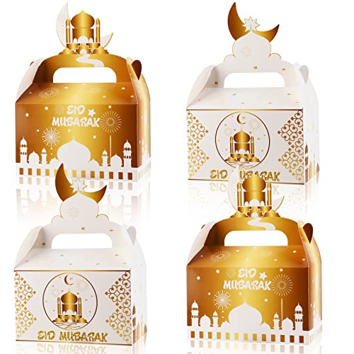 DPKOW 12 Stück Eid Mubarak Geschenkboxen, Weißes Gold DIY Boxen für Ramadan Eid Gastgeschenke Partytüte, Süßigkeiten Leckereien Keks Boxen für Muslimische Eid al-Fitr Schachteln Geschenkkartons von DPKOW