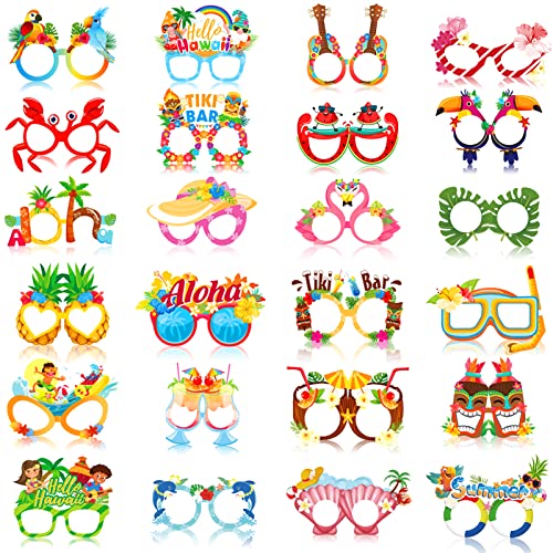 DPKOW 24 Stile Hawaii Party Brillen Maske, Hawaii Tropisch Papier Partybrillen TIKI Luau Party Gastgeschenke für Kinder Erwachsene, Lustige Aloha Hawaii Foto Requisiten Sommer Strand Pool Partybrillen von DPKOW