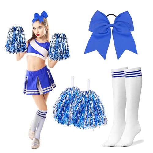 DPKOW Damen Cheerleader Kostüm Zubehör, Mädchen Cheerleader Kostüm Karneval Kölle Damen Mädchen Football Kostüm Zubehör Cheerleader Pompons Blau Schleifen Haargummis Strümpfe Damen Halloween Zubehör von DPKOW