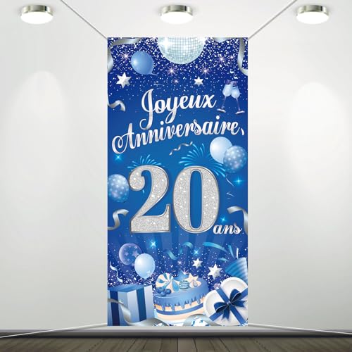 DPKOW Blaues Silber Happy Birthday 20 Jahre Türbanner für Männer 20 Jahre Geburtstagsdekoration Silberblau, 20 Jahre Geburtstagsdekoration Garten Tisch Wanddekoration, 185 x 90cm von DPKOW