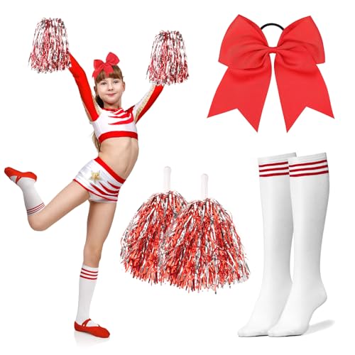 DPKOW Damen Cheerleader Kostüm Zubehör, Mädchen Cheerleader Kostüm Karneval Kölle Damen Mädchen Football Kostüm Zubehör Cheerleader Pompons Rote Schleifen Haargummis Strümpfe Damen Halloween Zubehör von DPKOW