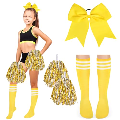 DPKOW Damen Cheerleader Kostüm Zubehör, Mädchen Cheerleader Kostüm Karneval Kölle Damen Mädchen Football Kostüm Zubehör Cheerleader Pompons Gelb Schleifen Haargummis Strümpfe Damen Halloween Zubehör von DPKOW