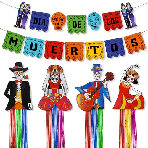 DPKOW Dia De Los Muertos Banner Lametta Vorhang Tag der Toten Deko Halloween Banner Totenkopf Folie Fransenvorhang Halloween Banner Mexikanische Dekorationen Cinco de Mayo Hängedeko Tag der Toten von DPKOW