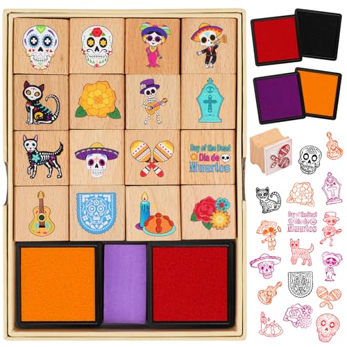 DPKOW Día de los Muertos Stempeln für Kinder Basteln Geschenk, 16 x Hölzern Stempel für Kinder Beschäftigung Día de los Muertos Drucken DIY Gadget Mitgebsel Totenkopf Stempel Tag der Toten von DPKOW