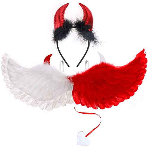 DPKOW Engel und Teufel Kostüm Halloween Engelsflügel Weiß Rot Teufelshörner Haarreif für Kinder Damen Karneval Fasching Party Engel Teufel Halloween Kostüm Accessoire von DPKOW