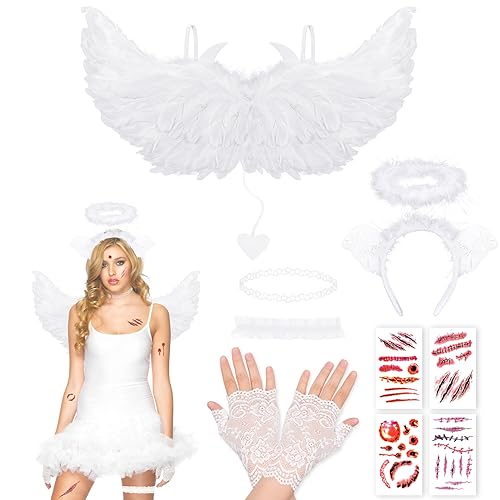 DPKOW Weiß Engel Kostüm Damen Halloween Kostüm Engel Heiligenschein Engel Haarreif Engelsflügel Weiß Spitzenhandschuhe Narben Tattoo Set für Damen Mädchen Kinder Halloween Karneval Mottopartys von DPKOW
