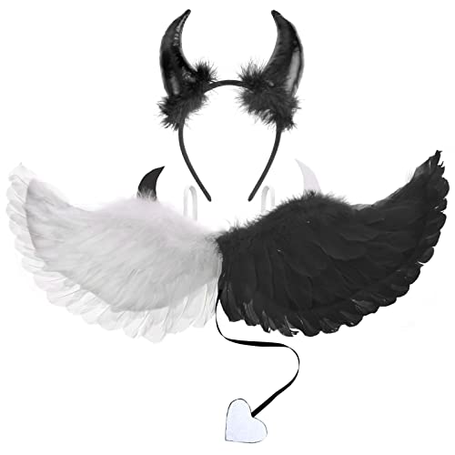 DPKOW Engelsflügel Weiß Schwarz Teufelsohren Teufel Ohren Hearband Engel Flügel für Damen und Mädchen,Party Fasching Kostüme Deko Kostümparty Verkleidung für Halloween Karneval Party Cosplay,3 Stück von DPKOW