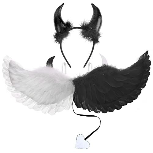 DPKOW Engel und Teufel Kostüm Halloween Engelsflügel Weiß Schwarz Teufelshörner Haarreif für Kinder Damen Karneval Fasching Party Engel Kostüm Teufel Halloween Kostüm Accessoire von DPKOW