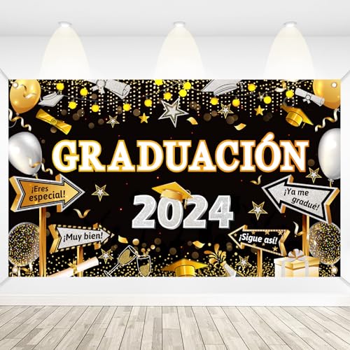 DPKOW Español 2024 Graduación Pancarta, Photocall Graduacion 2024 Decoración Graduación Fondo Pancarta para Suministros de Decoración para Fiesta de Graduación 2024 (ORO Negro y Plata), 185 * 110cm von DPKOW
