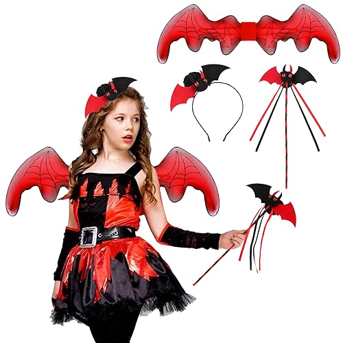 DPKOW Fledermaus Kostüm Kinder Rot Schwarz - Flügel und Haareif für Halloween, Fasching, Mottopartys, Karneval - Vampir Kostüm Accessoires von DPKOW