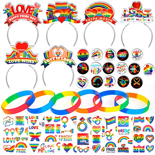 DPKOW Gay Pride Party Dekorationen LGBT Zubehör Kit Gay Pride Armband Button Pins Abzeichen Stirnband Tiara Stolz Tattoos für Cosplay, Karneval, Märsche, Feier Parade Pride Dekorationen, 44 Stück von DPKOW