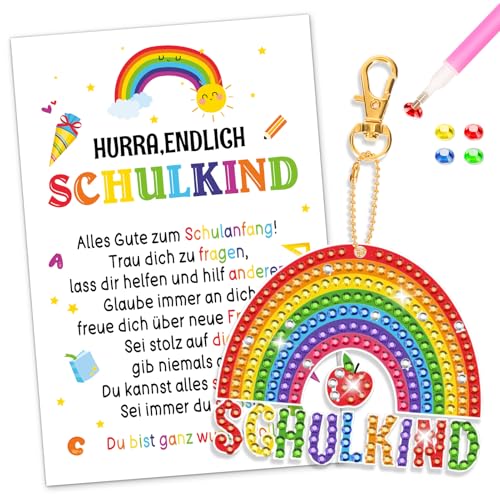 DPKOW Geschenke zur Einschulung Schulkind 2025 Schultüte Füllung, Diamond Painting Schlüsselanhänger Regenbogen Schulkind Glücksbringer Kiner, mit Einschulung Karte von DPKOW