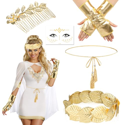 DPKOW Damen Griechische Göttin Kostüm Zubehör, Lorbeerkranz Kopfschmuck Gold Handschuhe Gürtel Haarspange Gesichtstattoo, Römische Göttin Kronen Kopfbedeckung Damen Karneval Braut Kostüm Zubehör DPKOW Damen Griechische Göttin Kostüm Zubehör, Lorbeerkranz Kopfschmuck Gold Handschuhe Gürtel Haarspange Gesichtstattoo, Römische Göttin Kronen Kopfbedeckung Damen Karneval Braut Kostüm Zubehör von DPKOW