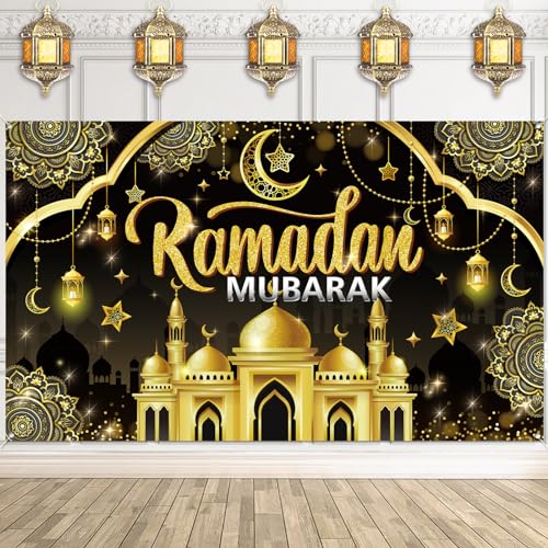 DPKOW Ramadan Deko, Ramadan Hintergrundbanner Ramadan Mubarak Dekoration Ramadan Kareem Banner, Stoff Großes Schwarzgold Muslim Islamische Banner Eid Mubarak Dekoration Ramadan, 180x110 cm von DPKOW