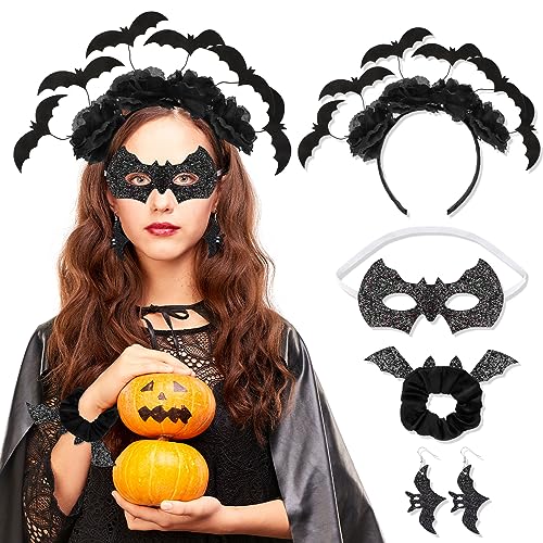 DPKOW Halloween Fledermaus Stirnbänder Masken Ohrringe Haar Ringe Schwarze Fledermaus Haarreifen Pailletten Stirnband für Halloween Cosplay Party Kostüm Zubehör,Faschings kostüm Party Outfitt,5 Stück von DPKOW