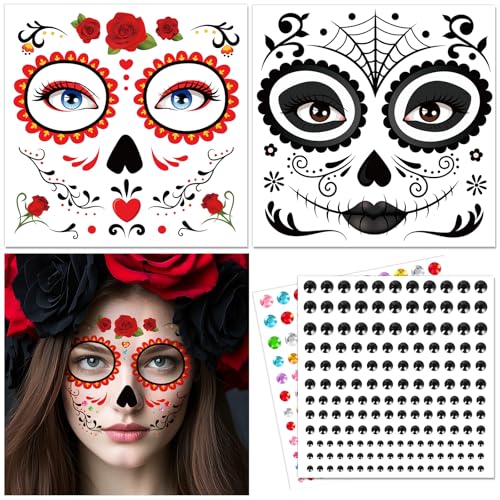 DPKOW Halloween Tattoo Gesicht Halloween Schminke Accessoires, Totenkopf Tattoos Dia de Los Muertos Kostüm Damen Herren Zubehör Halloween Zuckerschädel Gesichtstattoos mit Glitzersteine Gesicht DPKOW Halloween Tattoo Gesicht Halloween Schminke Accessoires, Totenkopf Tattoos Dia de Los Muertos Kostüm Damen Herren Zubehör Halloween Zuckerschädel Gesichtstattoos mit Glitzersteine Gesicht von DPKOW