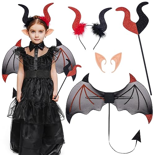 DPKOW Teufel Kostüm Kinder Halloween - Teufelshörner Haarreif Schwarz Rot, Flügel und Stab, Elfenohren Set für Kinder Damen - Accessoire für Karneval Fasching Party von DPKOW