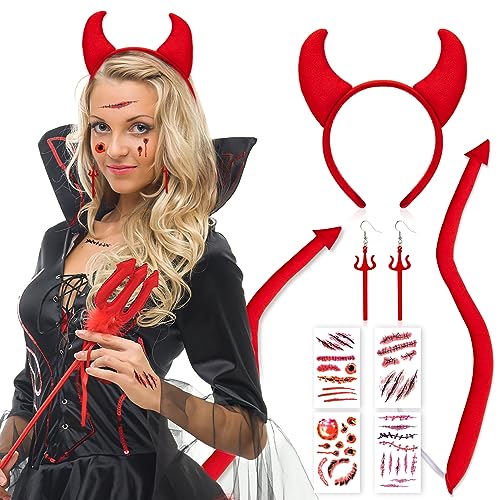 DPKOW Teufel Kostüm Damen Kinder Halloween Teufelshörner Haarreif Dreizack Teufel Ohrringe Teufelsschwanz Narben Tattoos Set für Halloween Kostüm Damen Teufel Accessoire Karneval Fasching Party von DPKOW