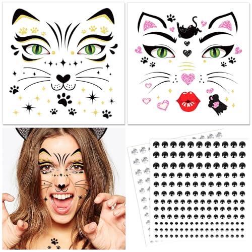 DPKOW Katze Gesichtstattoos Karneval Katzenkostüm Damen Kinder Katze Temporäre Tattoos Glitzersteine Gesicht Halloween Tattoo Gesicht Schminke Katze Cosplay Faschingskostüme Karneval Accessoires Damen von DPKOW