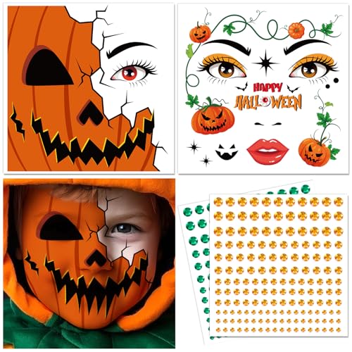 DPKOW Kürbis Tattoo Gesicht Halloween Make Up Accessoires mit Glitzersteine Selbstklebend, Gesichtstattoo Kürbis Kostüm Zubehör Halloween Schminke Accessoires Cosplay Karneval Faschingskostüme Zubehör DPKOW Kürbis Tattoo Gesicht Halloween Make Up Accessoires mit Glitzersteine Selbstklebend, Gesichtstattoo Kürbis Kostüm Zubehör Halloween Schminke Accessoires Cosplay Karneval Faschingskostüme Zubehör von DPKOW