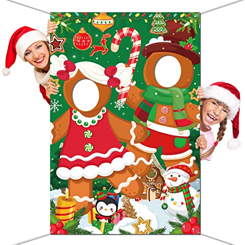 DPKOW Lustige Lebkuchenmann Gesicht Foto Banner für Weihnachten Photo Foto Requisiten Zubehör, Gesicht Spiel für Weihnachten Hintergrund Dekoration Zuckerstange Lebkuchenmann Zubehör, 150 * 100cm von DPKOW