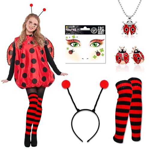 DPKOW 5 STK Marienkäfer Kostüm Accessoires, Faschingskostüme Damen Kinder Kostüm Marienkäfer haarreif Halskette Ohrringe Marienkäfer Gesichtstattoo Karneval Stulpen Beinwärmer Marienkäfer Schwarz Rot von DPKOW