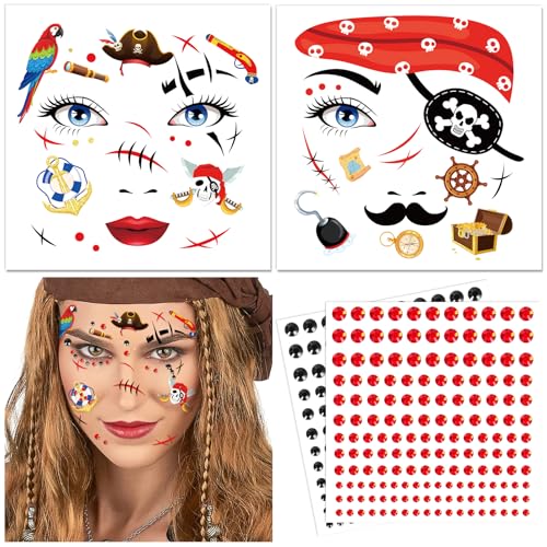 DPKOW Piraten Gesichtstattoos Karneval Piratenkostüm Zubehör, Piraten Temporäre Tattoos Glitzersteine Gesicht Schminke Piraten Accessoires Kinder Halloween Tattoo Gesicht Karneval Faschingskostüme von DPKOW