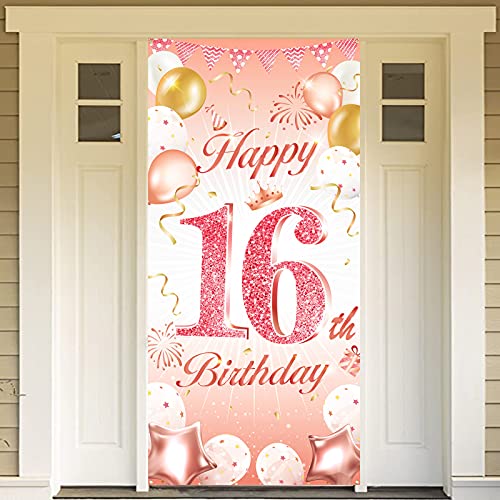 DPKOW Rose Gold 16. Geburtstag Dekoration für Mädchen, Rosé Gold 16. Geburtstag Banner für Hintergrund Tür Dekoration, 16. Geburtstag Hintergrund Banner für Garten Tisch Wand Dekoration, 185 x 90cm von DPKOW