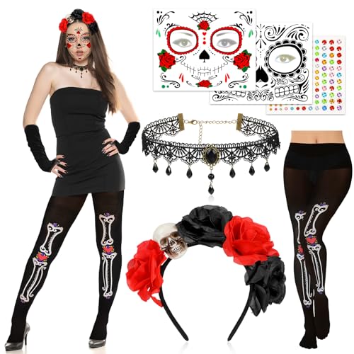 DPKOW Tag der Toten Haarreif Halloween Gesichtstattoo Totenkopf Strumpfhose Halloween Halskette Glitzersteine Aufkleber Tag der Toten Kostüm Damen Halloween Accessoires Mexikanisches Totenfest Kostüm DPKOW Tag der Toten Haarreif Halloween Gesichtstattoo Totenkopf Strumpfhose Halloween Halskette Glitzersteine Aufkleber Tag der Toten Kostüm Damen Halloween Accessoires Mexikanisches Totenfest Kostüm von DPKOW