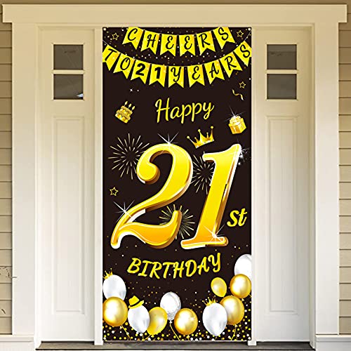 DPKOW Schwarz Gold 21. Geburtstag Dekoration für Mann Frau, Banner für Hintergrund Tür Deko, Garten Tisch Wand Deko, 185 x 90cm Stoff von DPKOW