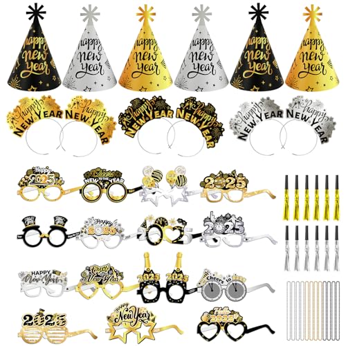 DPKOW Schwarz Gold Silber Silvester Deko 2026 Silvester Partyhüte Silvester Haarreif Silvester Brille Halsketten Tröten Silvester Accessories für Deko Silvester Party 2026 DPKOW Schwarz Gold Silber Silvester Deko 2026 Silvester Partyhüte Silvester Haarreif Silvester Brille Halsketten Tröten Silvester Accessories für Deko Silvester Party 2026 von DPKOW