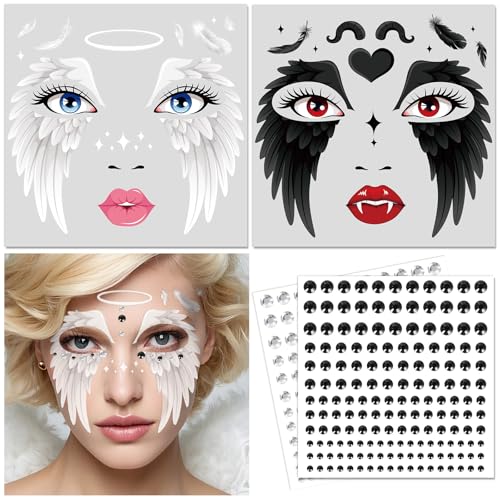 DPKOW Schwarz Weiße Engel Gesicht Tattoo Halloween Make-up Zubehör, Kinder Damen Engel Kostümzubehör Halloween Gesichtstattoos Schminke Engelsflügel Cosplay Karneval Zubehör, mit Glitzersteine Gesicht DPKOW Schwarz Weiße Engel Gesicht Tattoo Halloween Make-up Zubehör, Kinder Damen Engel Kostümzubehör Halloween Gesichtstattoos Schminke Engelsflügel Cosplay Karneval Zubehör, mit Glitzersteine Gesicht von DPKOW