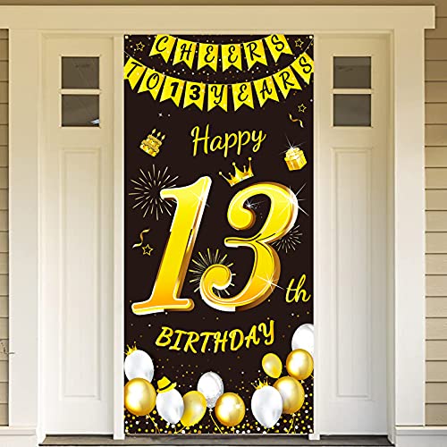 DPKOW Schwarz Gold 13. Geburtstag Dekoration für Junge Mädchen, Schwarz Gold 13. Geburtstag Banner für Hintergrund Tür Deko, 13. Geburtstag Tür Banner für Garten Tisch Wand Deko, 185 x 90cm Stoff von DPKOW