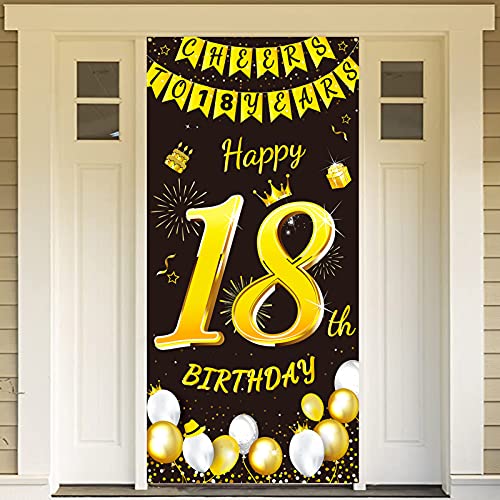 DPKOW Schwarz Gold 18. Geburtstag Dekoration für Junge Mädchen, Schwarz Gold 18. Geburtstag Banner für Hintergrund Tür Deko, 18. Geburtstag Tür Banner für Garten Tisch Wand Deko, 185 x 90cm Stoff von DPKOW