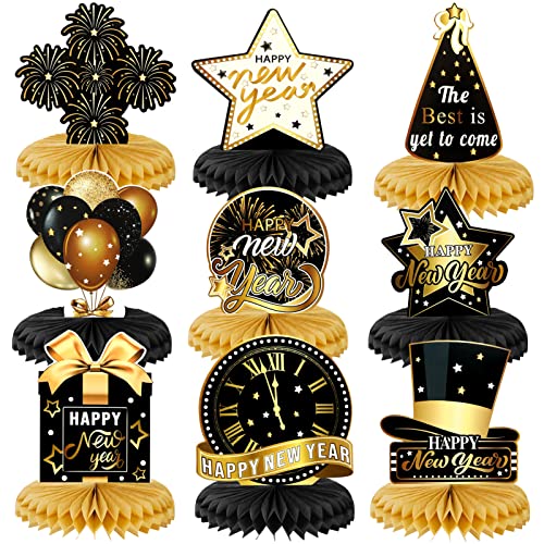 DPKOW Silvester Party Honigwabe Mittelstücke Schwarz Gold Frohes Neues Jahr Thema Tabelle Topper Schwarz Gold Silvester Papier Mittelstücke für 2024 Silvester Party Deko Zubehör, 9 Stück von DPKOW