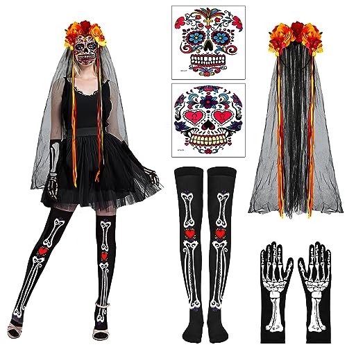 DPKOW Halloween Kostüm Damen Dia De Los Muertos Haarreif Schleier Tag Der Toten Haarreif la Catrina Skelett Handschuhe Overknees Strümpfe Gesicht Tattoos Tag Der Toten Kostüm Accessoires Damen von DPKOW