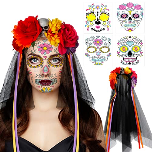 DPKOW Tag der Toten Schleier,Damen Tag der Toten Rosen Haarreif mit Blumen und Schleier mexikanischen Blumen Kronen mit Halloween Gesicht Temporäre Tattoos für Karnival Fasching Mottoparty,5 Stück von DPKOW