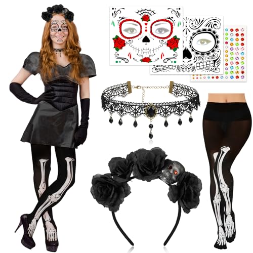 DPKOW Halloween Haarreif Tag der Toten Gesicht Tattoos Totenkopf Halloween Strumpfhose Halskette Glitzersteine Aufkleber Tag der Toten Kostüm Damen Halloween Accessoires Mexikanisches Totenfest Kostüm DPKOW Halloween Haarreif Tag der Toten Gesicht Tattoos Totenkopf Halloween Strumpfhose Halskette Glitzersteine Aufkleber Tag der Toten Kostüm Damen Halloween Accessoires Mexikanisches Totenfest Kostüm von DPKOW